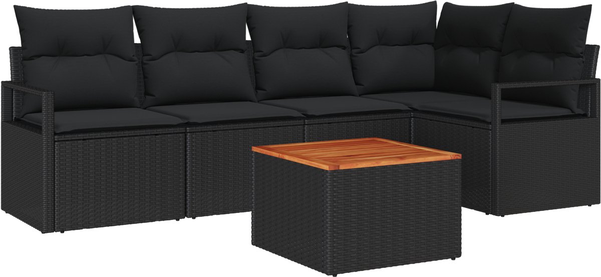 vidaXL - Tuinbank - Set - met - kussen - 6 - pcs - Zwart - poly - rattan