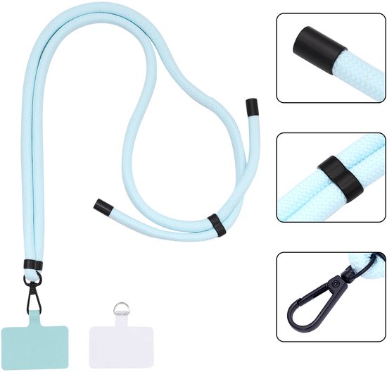 Lichtblauw telefoonkoord met zwarte clips en twee telefoonhangers.