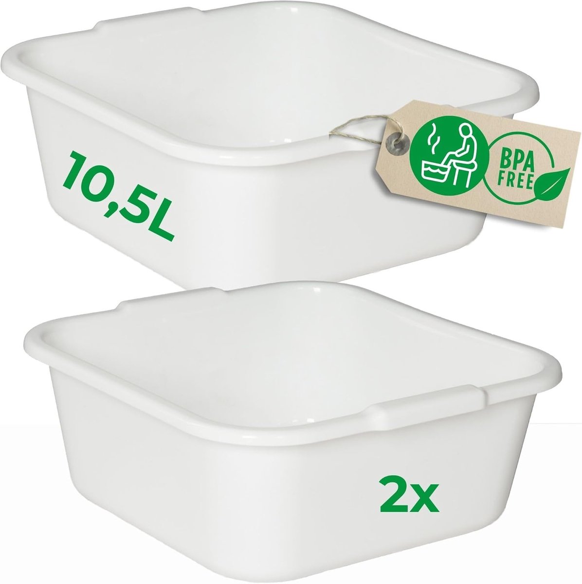 Novaliv 2x Vierkante Afwaskommen 10,5L, 34x34 cm, Wit, BPA-vrij, Vaatwasserbestendig, Ideaal voor Keuken en Camping, Bad, Grote Kunststof Kom, Vierkante Afwaskom, Afwasbak, Afwaskom