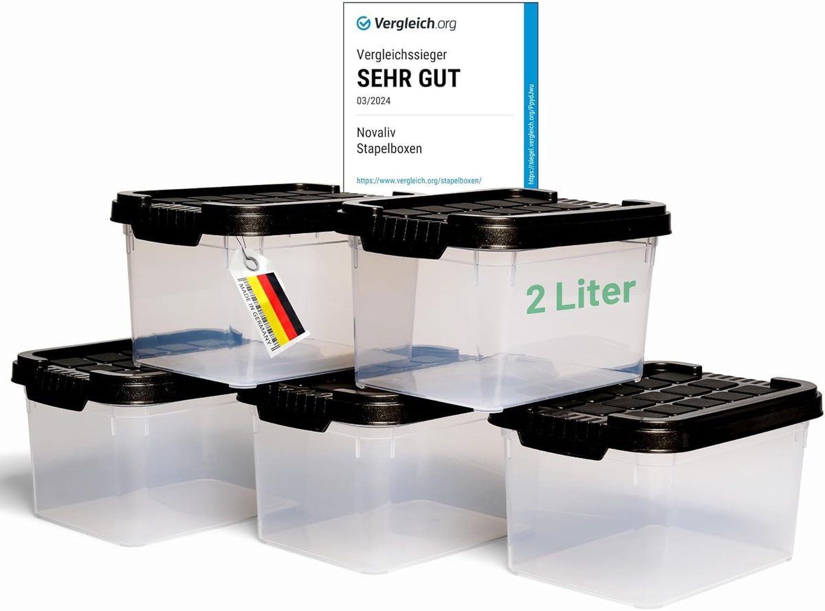 Novaliv 5x Opbergdozen met deksel Klein 2 L Antraciet Nestbaar Stapelbaar Kunststof dozen met clipsluiting Kunststof BPA-vrij 19 x 14 x 11 cm