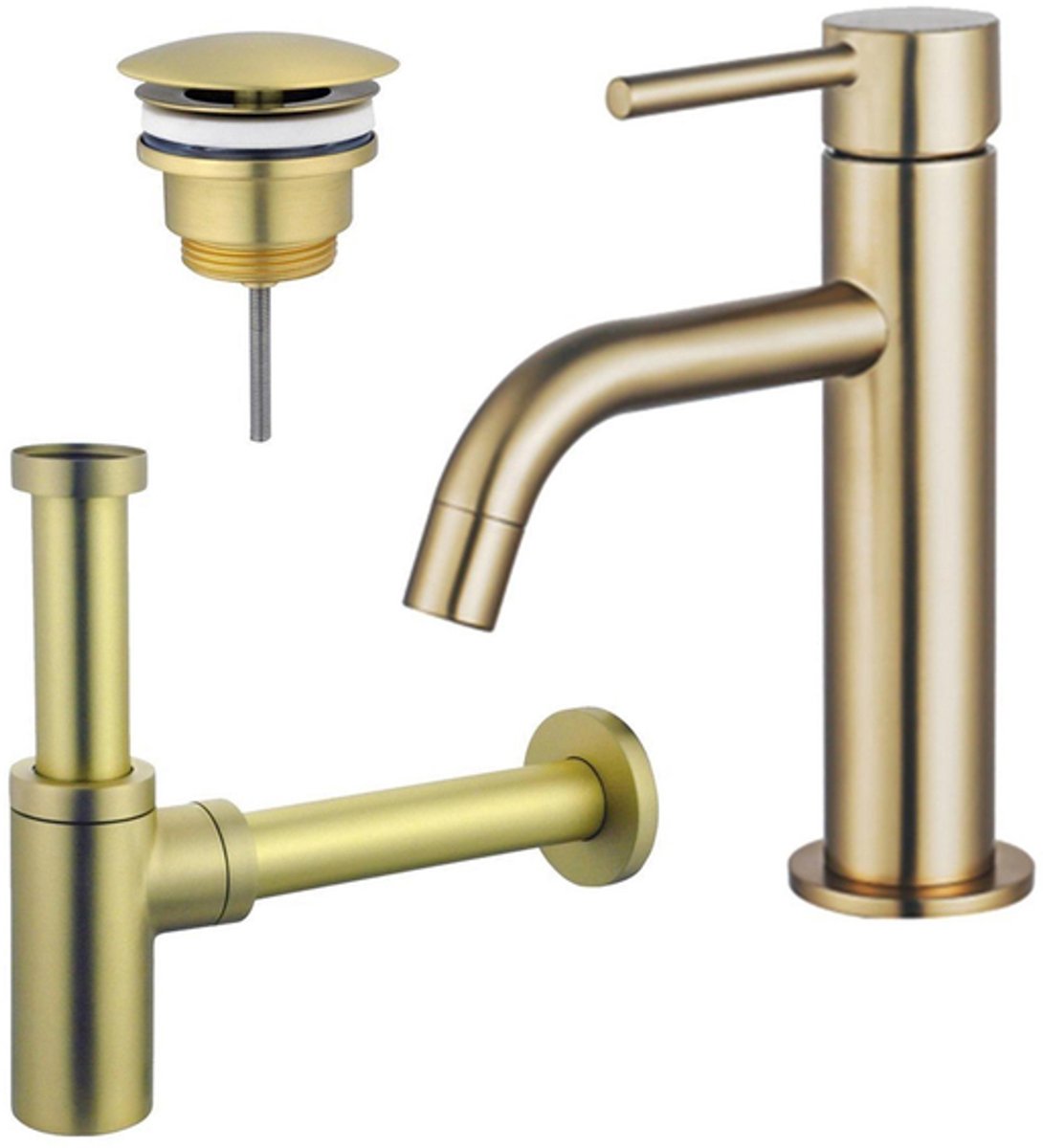FugaFlow Eccelente Sobrado Badkamer Slim Wastafelkraanset - lage wastafelkraan - always open plug - design sifon - PVD Geborsteld Messing