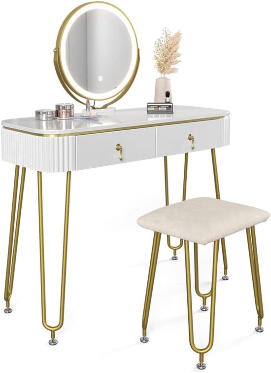 Make-uptafel set met Spiegel en Gedempte Kruk, Vintage Kaptafel met 4 Laden, Ijdelheidsbureau in Europese Stijl voor Slaapkamer (Color : White Gold, Size : 80x47x147cm