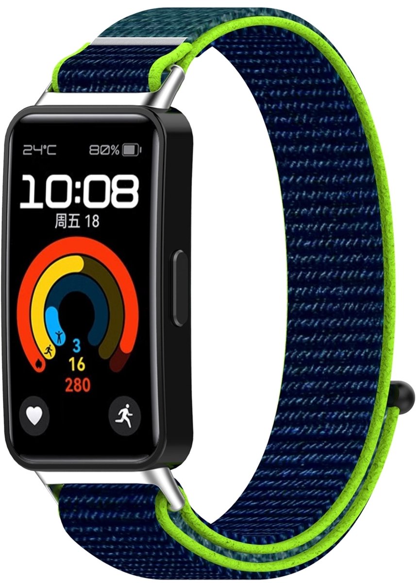By Qubix - Sport loop nylon bandje - Donkerblauw met groen - geschikt voor Huawei Band 10 / 9 / 8