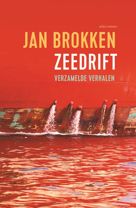 Boekcover van 'Zeedrift' met rode scheepswand en water.