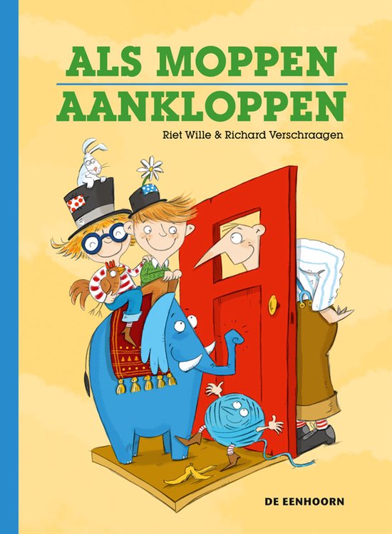 Boekomslag 'Als moppen aankloppen' met een olifant, kinderen en een deur.