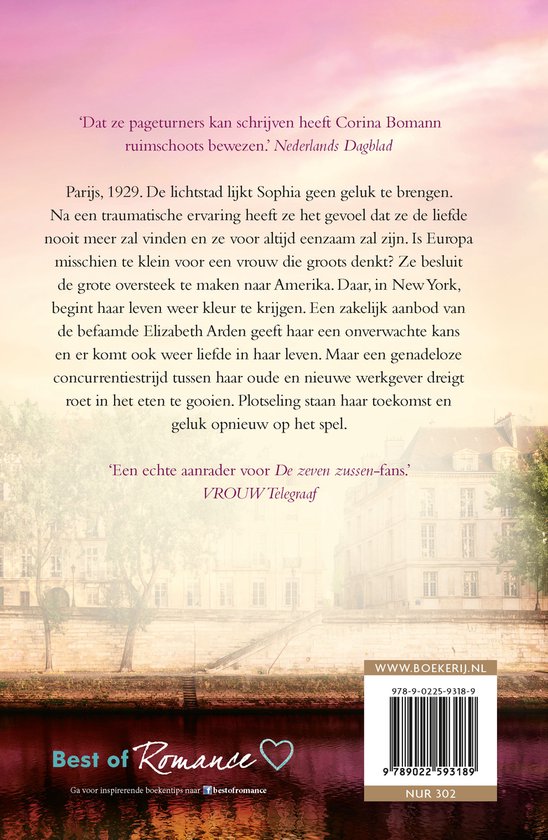 Achterkant van het boek "Sophia's wens" van Corina Bomann. De tekst bevat een samenvatting en recensies.