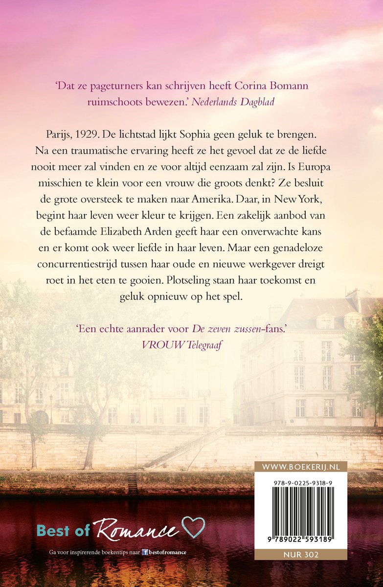 Achterkant van het boek "Sophia's wens" van Corina Bomann. De tekst bevat een samenvatting en recensies.
