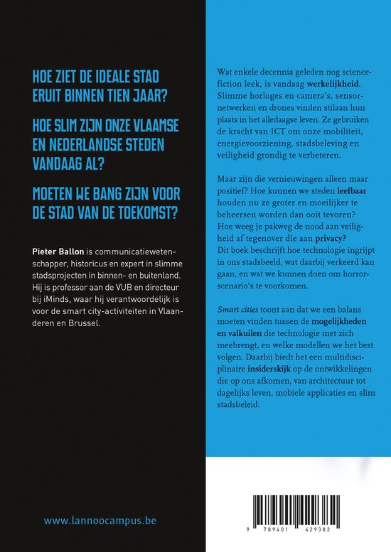 Boekomslag met de titel 'Smart Cities' en tekst over de ideale stad, technologie en privacy.