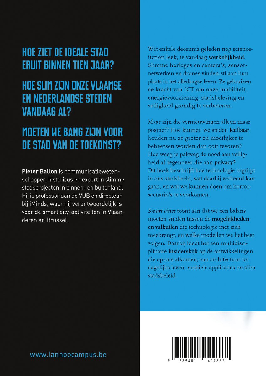 Boekomslag met de titel 'Smart Cities' en tekst over de ideale stad, technologie en privacy.