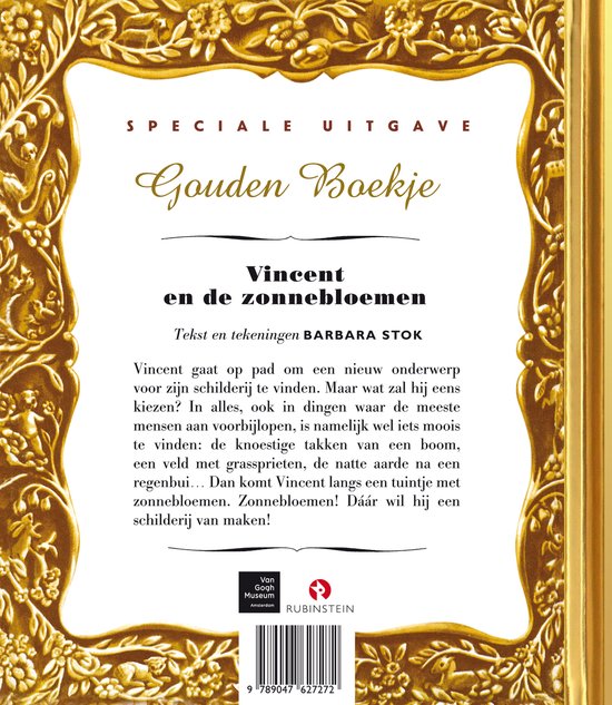 Gouden Boekje, speciale uitgave. Achterkant met een gouden lijst, titel 'Vincent en de zonnebloemen' en tekst.