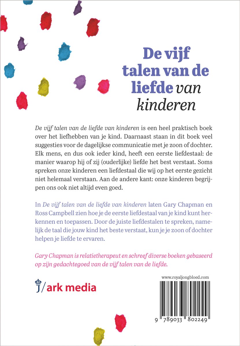 Achterkant van boek met gekleurde stippen en tekst over de vijf talen van liefde van kinderen, door Gary Chapman.