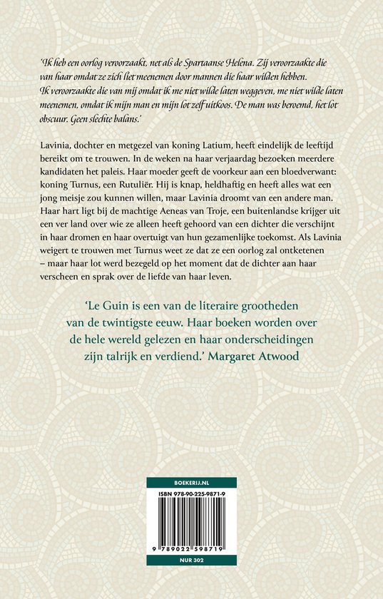 Achterkant boek met tekst: Lavinia, dochter en metgezel van koning Latium. ISBN 978-90-225-9871-9.