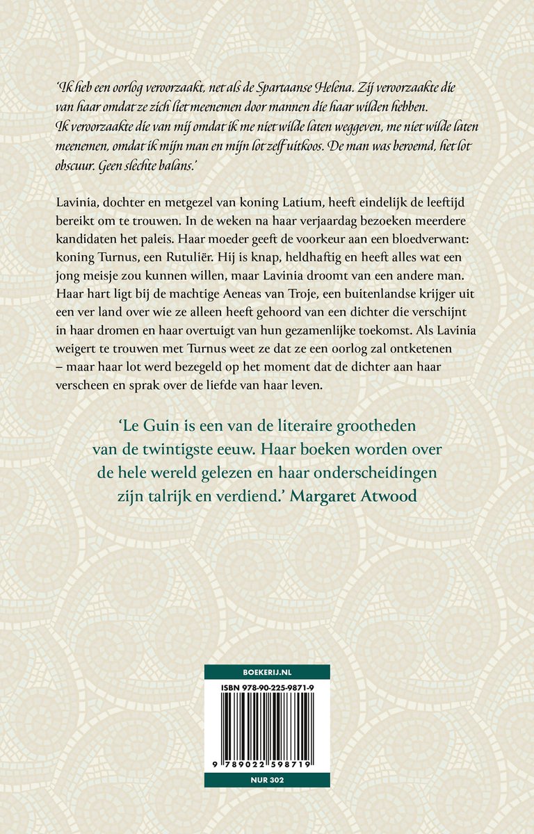 Achterkant boek met tekst: Lavinia, dochter en metgezel van koning Latium. ISBN 978-90-225-9871-9.