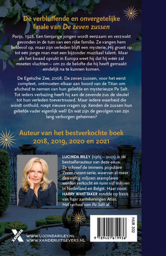 Achterkant van het boek "De zeven zussen - Atlas" met tekst en een foto van Lucinda Riley.