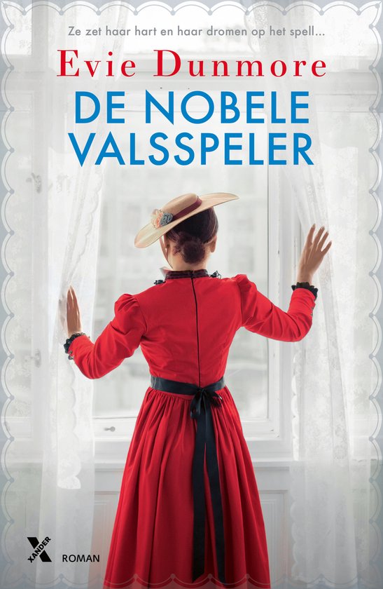 Boekcover van 'De Nobele Valsspeler' door Evie Dunmore. Een vrouw in rood met zwarte strik en hoed. Tekst: Ze zet haar hart en haar dromen op het spel...