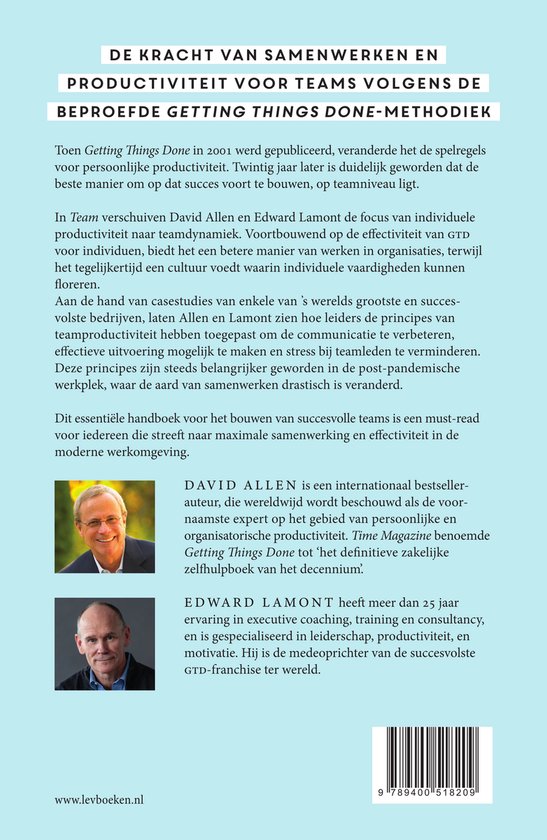 Boekcover met portretten van David Allen en Edward Lamont. De tekst luidt 'De kracht van samenwerken en productiviteit voor teams volgens de beproefde Getting Things Done-methode'.