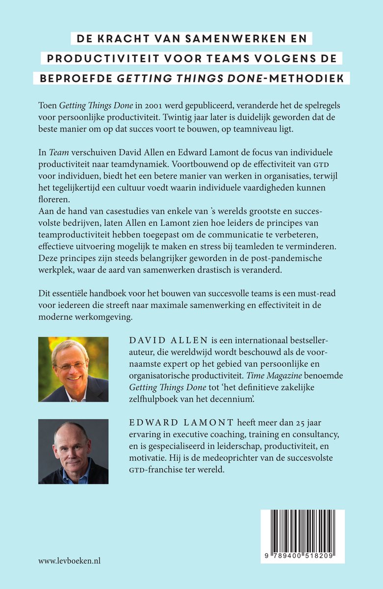 Boekcover met portretten van David Allen en Edward Lamont. De tekst luidt 'De kracht van samenwerken en productiviteit voor teams volgens de beproefde Getting Things Done-methode'.