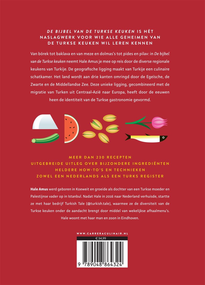 Achterkant van een kookboek met tekst, een illustratie van watermeloen, komkommer, pistachenoten en vis, en ISBN.