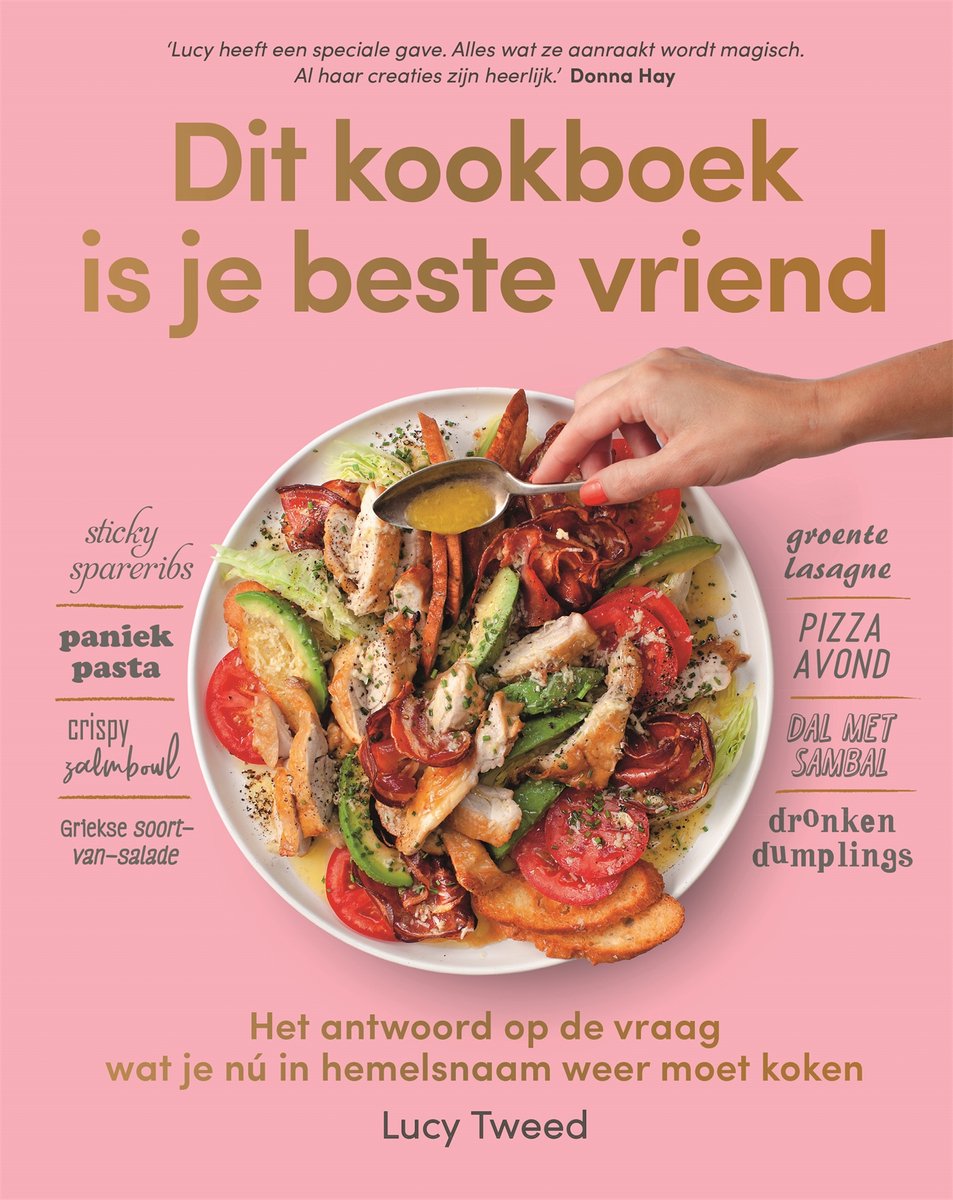 Boekomslag met de titel 'Dit kookboek is je beste vriend' in grote gouden letters, met een grote salade in het midden.