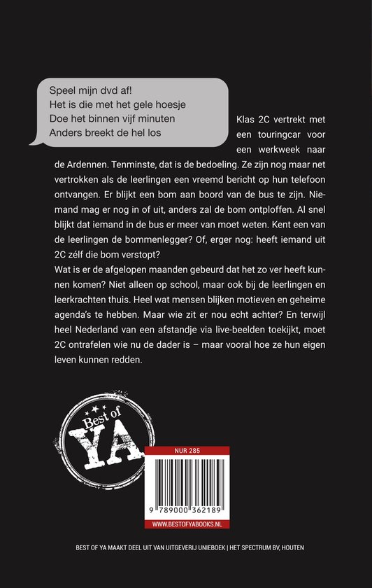 Achterkant boek met tekst en een 'Best of YA' logo.