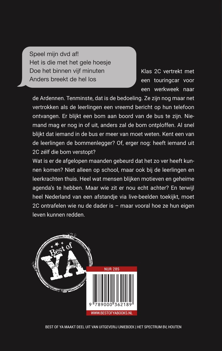 Achterkant boek met tekst en een 'Best of YA' logo.