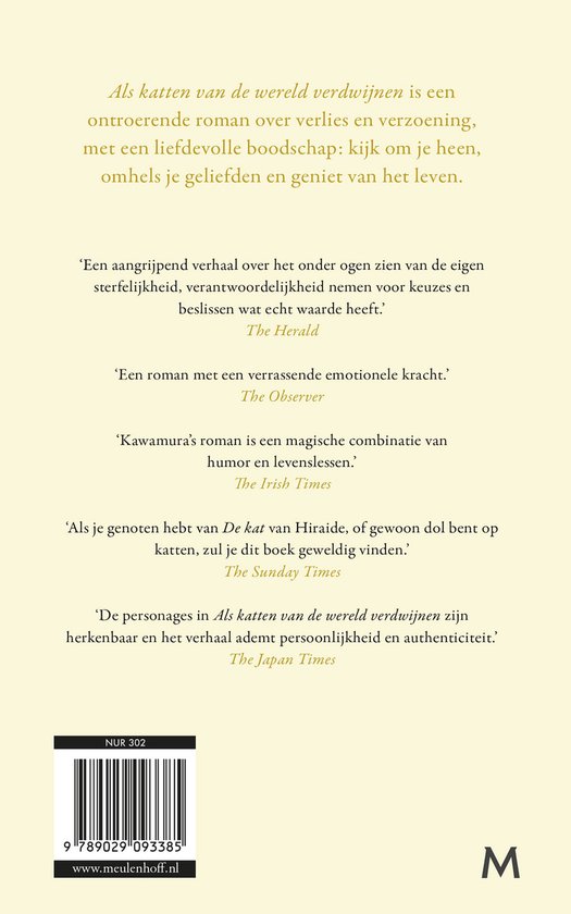Boekomslag met tekst over de roman 'Als katten van de wereld verdwijnen' en recensies. Barcode onderaan.
