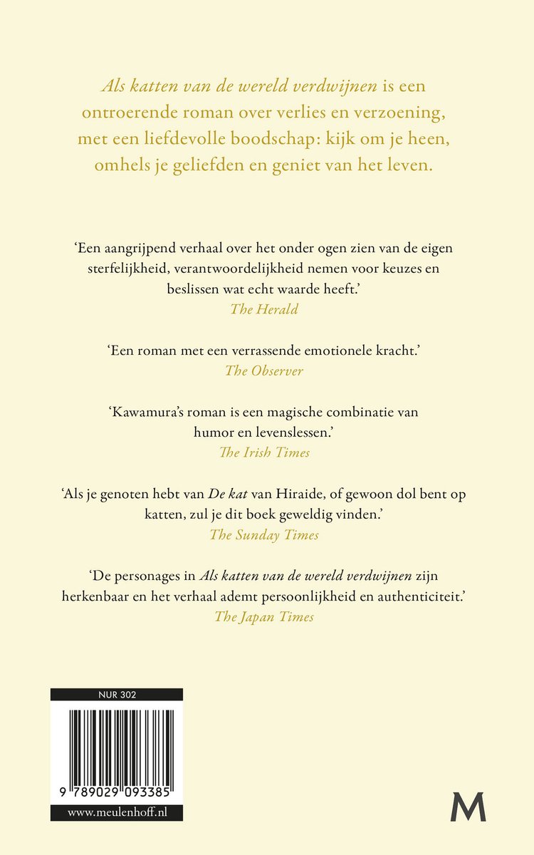 Boekomslag met tekst over de roman 'Als katten van de wereld verdwijnen' en recensies. Barcode onderaan.