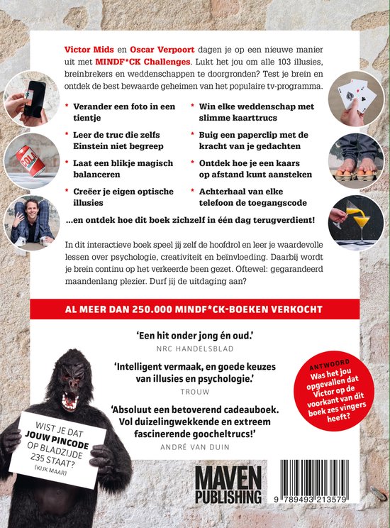 Achterkant van het boek Mindf*ck Challenges met een gorilla, recensies en afbeeldingen van illusies.