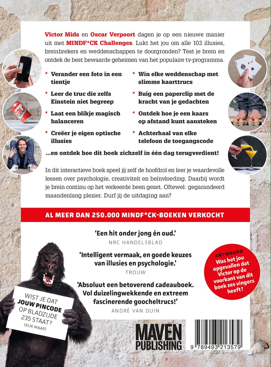 Achterkant van het boek Mindf*ck Challenges met een gorilla, recensies en afbeeldingen van illusies.
