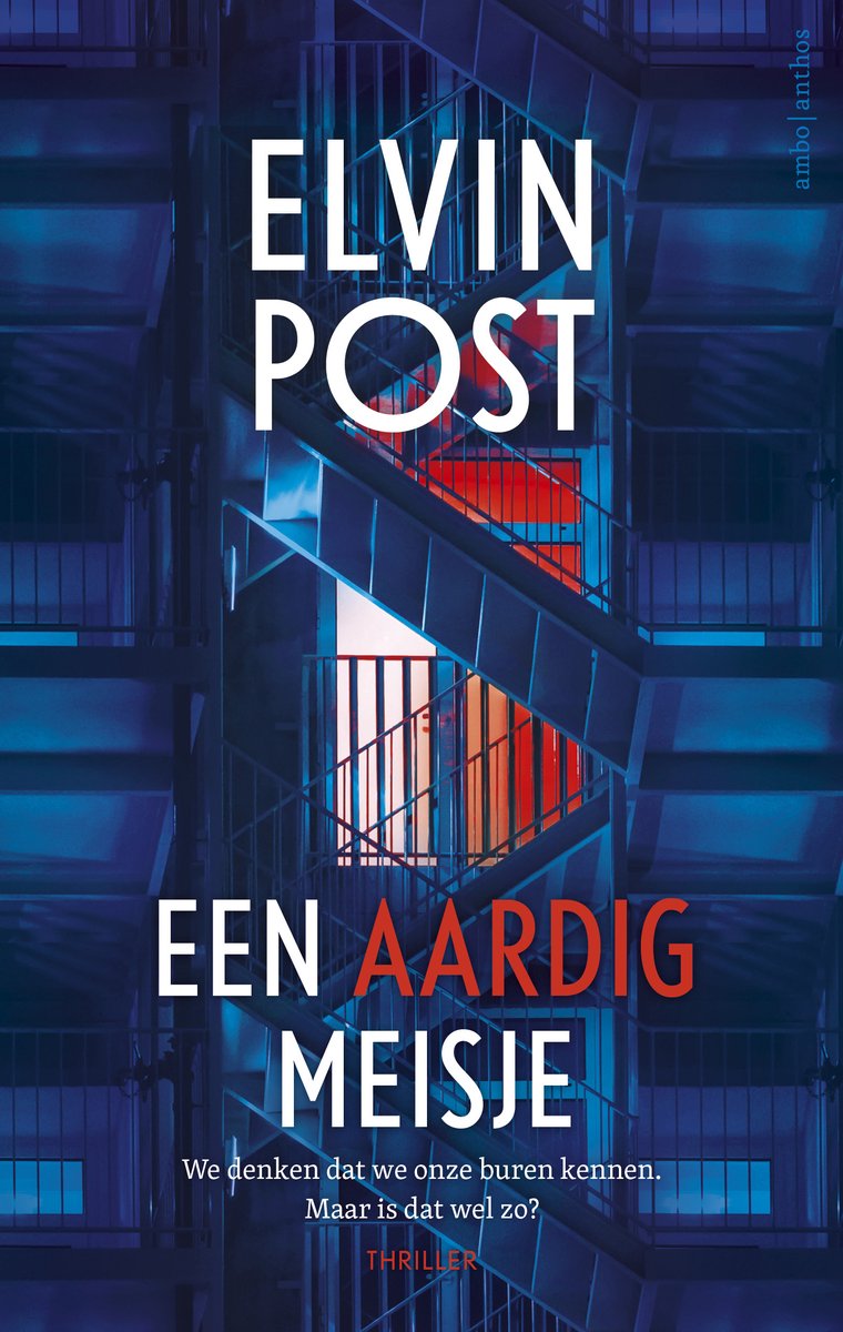 Boekcover met de titel 'EEN AARDIG MEISJE' in grote letters op een achtergrond van een moderne trap met rode treden.