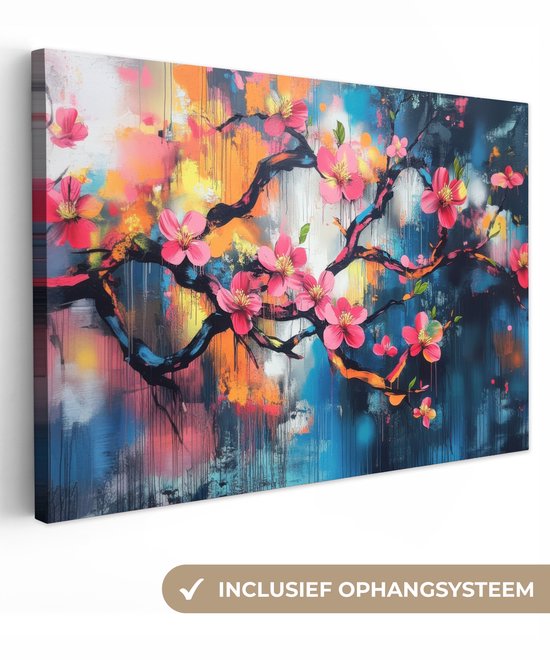 Tableau sur toile 120x80 cm - Décoration murale Fleurs - Branche - Artistique - Rose - Décoration murale salon - Décoration chambre - Accessoires chambre - Peintures sur toile