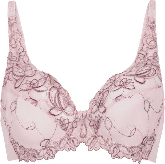 Soutien-gorge à armatures rose pâle avec bonnets transparents brodés de fleurs et bords en dentelle.