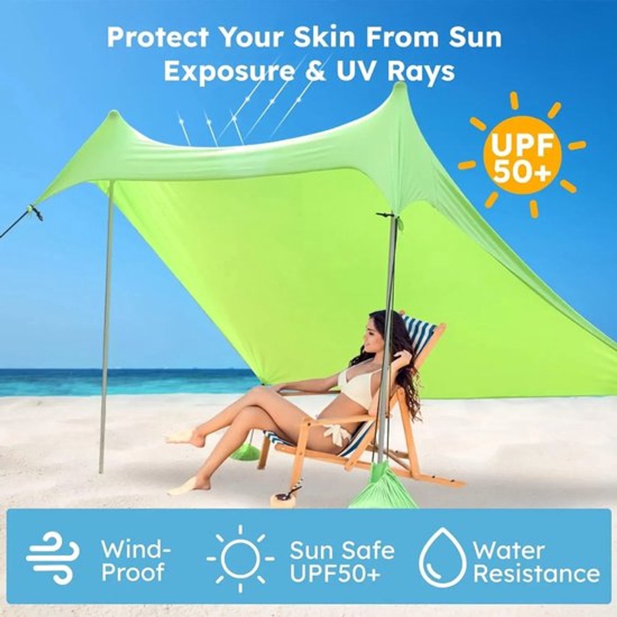 Gran Vida® - Strandtent met Zandankers - 3-4 Personen - Inclusief Draagtas - Hoogwaardige Materialen - Blauw