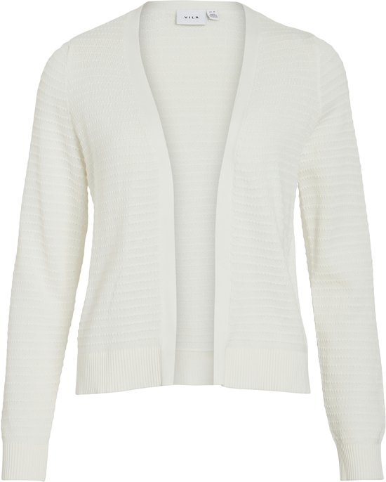 Un gilet blanc en maille ouvert, avec une texture à côtes horizontales et la marque VILA sur l'étiquette.