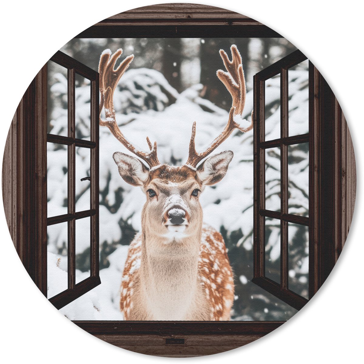 Muismat rond 30x30 cm - Mousepad Hert - Sneeuw - Winter - Bos - Dieren - Doorkijk - Ronde muismatten