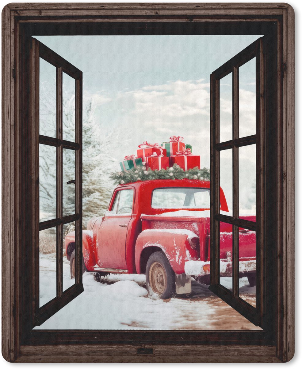 Muismat 19x23 cm - Mousepad Doorkijk - Auto - Rood - Cadeaus - Winterlandschap - Kerst - Muismatten