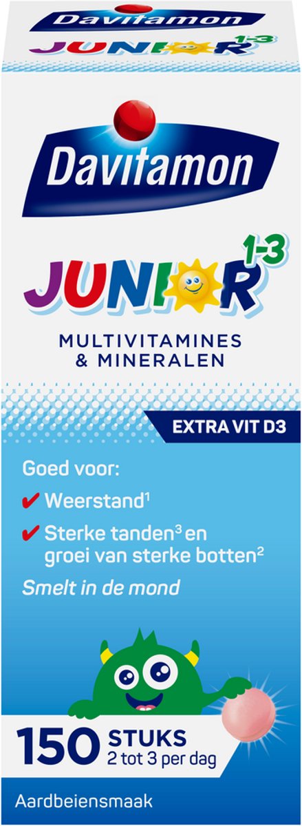 Davitamon Junior vitaminen 1-3 jaar - multivitamine kinderen - 150 smelttabletjes - Aardbeiensmaak