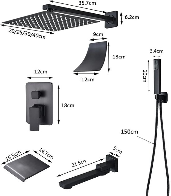 Douchekraan - Douchepaneel - Douche - Regendouches - Inbouw Douchekraan Systeem – 2-Weg Regendouche Set met 8 inch Douchekop & Thermostatische Mengkraan | Wandgemonteerd SUS304 - Zwart
