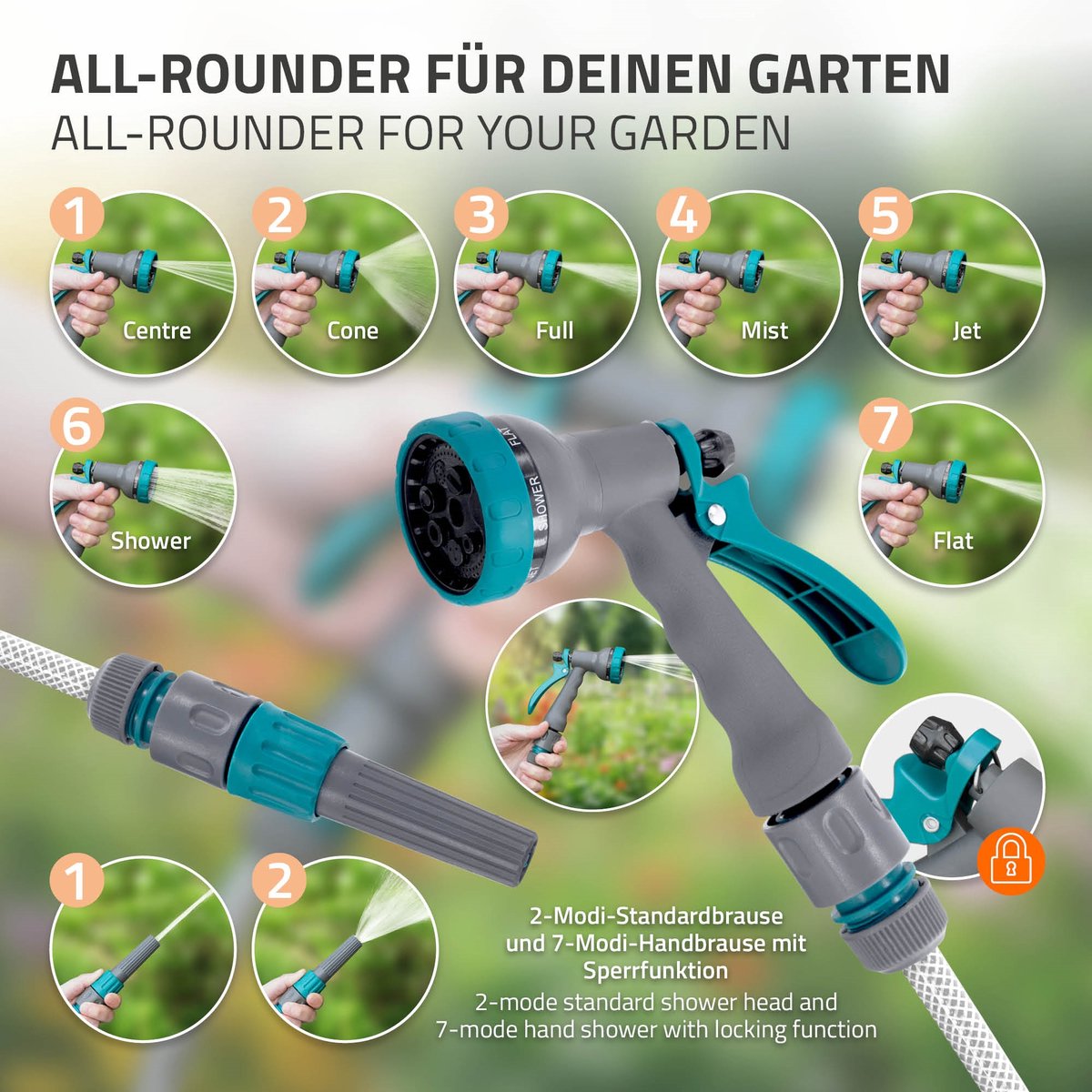ECD Germany rollup tuinslanghaspel 30m+2m muurgemonteerde slanghouder met automatisch oprolmechanisme vergrendelingssysteem 9 sproeifuncties 180° zwenkbaar waterslangbox voor wandbevestiging ideaal voor tuin en terrasonderhoud – foto 4