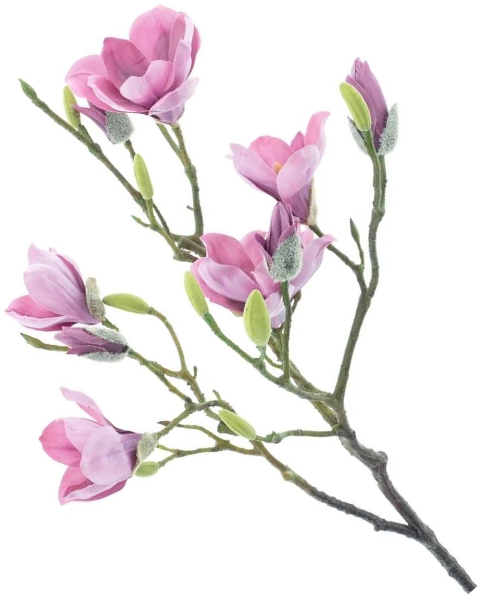 Bellatio Design Kunstbloemen Magnolia grote deco tak Naomi - 92 cm - paars - Kunst zijdebloemen