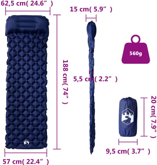 vidaXL - Kampeermatras - met - kussen - opblaasbaar - 1-persoons - marineblauw van Merkloos — afbeelding 4