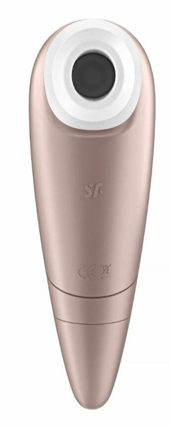 Rosegouden clitorisstimulator met witte siliconen kop, SE-logo en CE-markering.