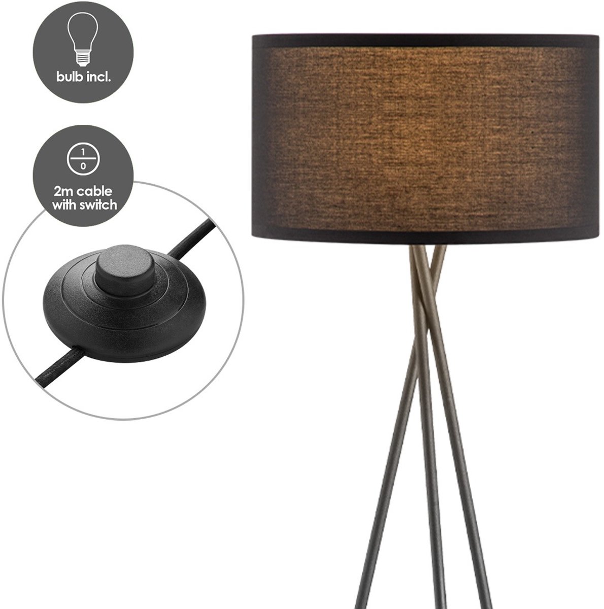 Home Sweet Home - Zwarte Moderne Vloerlamp - 138 cm - met Voetschakelaar - Inclusief LED E27 Lichtbron - voor Woonkamer en Slaapkamer thumbnail 6