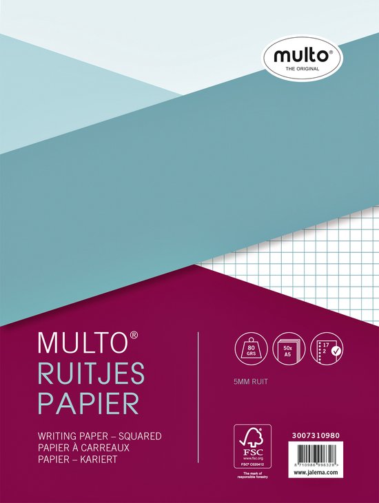 Verpakking Multo schrijfblok papier A5 met ruit van 5mm.