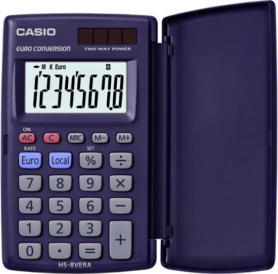 Paarse Casio HS-8VER rekenmachine met Euro conversie en klepje.