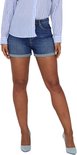 Model draagt een blauwgestreepte blouse en denim shorts met opgerolde zoom.