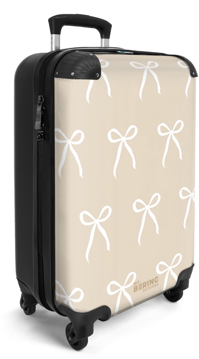 NoBoringSuitcases.com® - Handbagage koffer lichtgewicht - Reiskoffer trolley - Beige - Patroon van witte strikjes - Vakantie rolkoffer met wieltjes - Carryon suitcase - Flightcase - Cabin koffertje - Past binnen 55x40x20 en 55x35x25