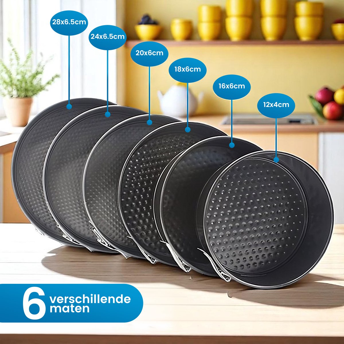 Ronde bakvormen - 6 Delige Set - Taartvormen - Springvorm Set - Non-stick Coating - Ø12 t/m 28 cm - Losse Bodem - Stapelbaar - Voor Cake, Taart, Quiche - Zwart – foto 7