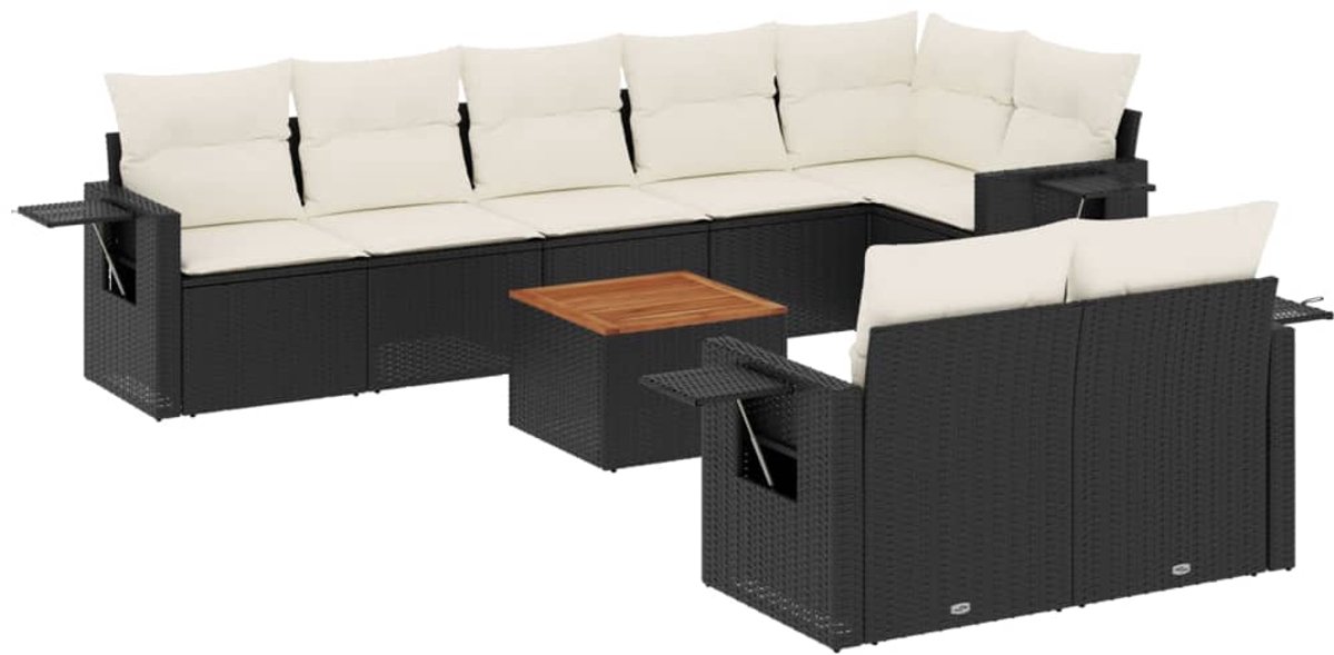 The Living Store 9-delige Loungeset met kussens poly rattan zwart - Loungeset - Tuinmeubilair - Pe Rattan - Zwarte Lounge Set - Tuinbank