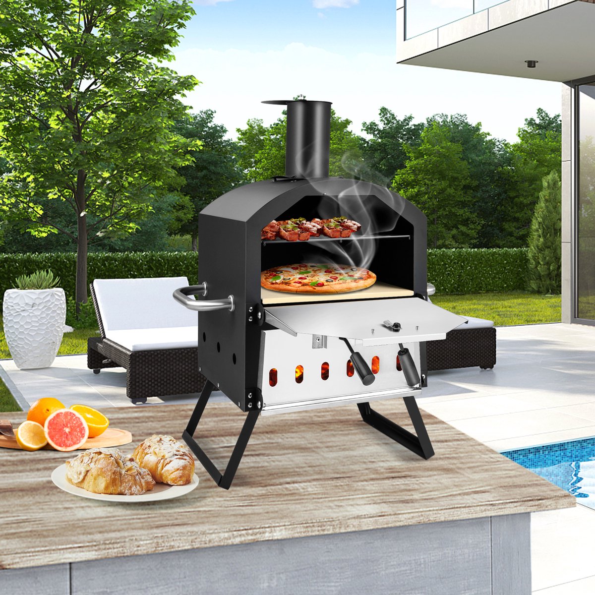COSTWAY Outdoor pizzaoven, 2-laags pizzaoven met grillrooster, pizzasteen, pizzaschep, waterdichte afdekking, hittebestendige handgrepen en inklapbare poten, voor picknick, feest, camping – foto 5